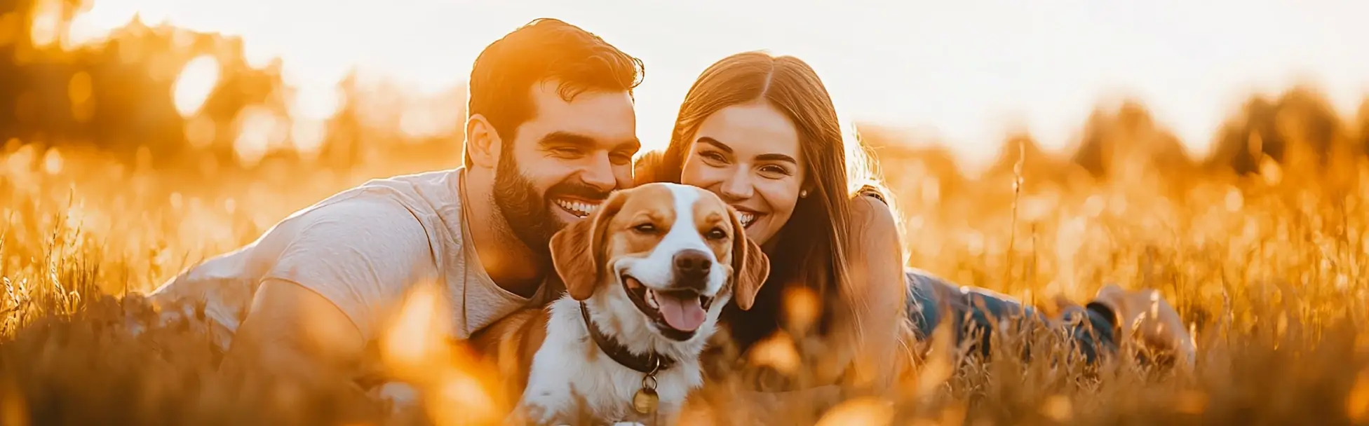 Couple with their dog in a golden field — South Shore Pet Photography